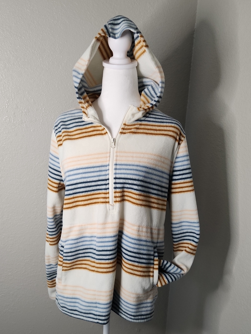 O'Neill Striped Fleece Half-Zip Hoodie in Blue, Tan & Cream